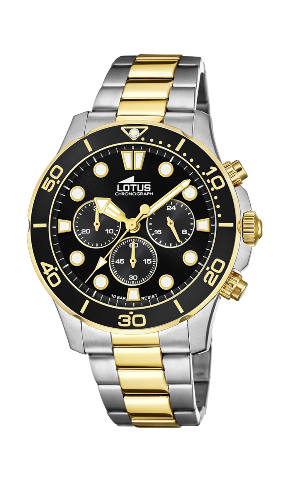 Reloj Lotus L18757/2 para hombre, crono, BICOLOR, con esfera negra, armis y caja de acero inox, sumergible 100 m. Garantía de 2 años.