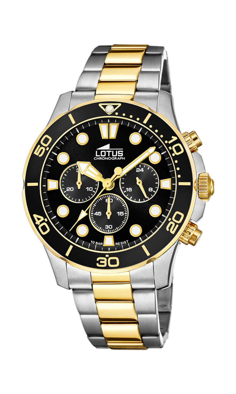 Reloj Lotus L18757/2 para hombre, crono, BICOLOR, con esfera negra, armis y caja de acero inox, sumergible 100 m. Garantía de 2 años.