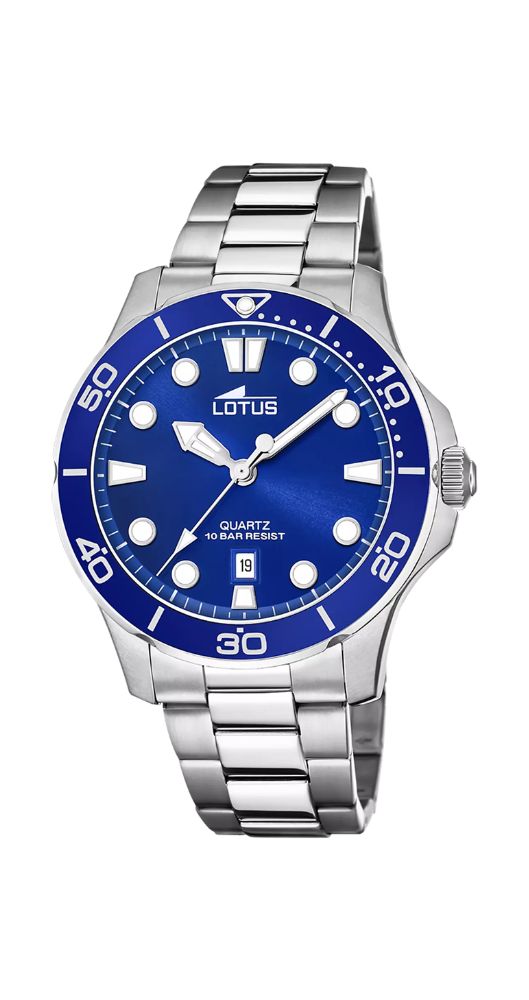 Reloj Lotus L18759-1 para hombre, con esfera y bisel azul, manillas e índices luminiscentes. Caja y armis de acero inox. Calendario. Sumergible 100m. Garantía de 2 años.