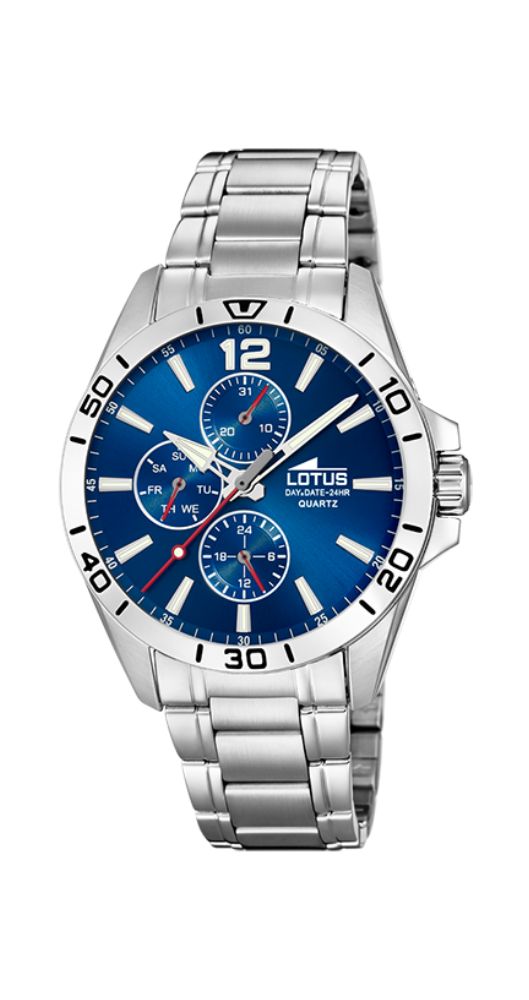 Reloj Lotus L18812-1 para hombre, con esfera azul y manillas e índices luminiscentes, caja y armis de acero inox, multifunción con día de la semana, día del mes y reloj 24 horas, sumergible 50 m. Garantía 2 años.