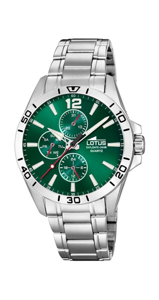 Reloj Lotus L188127 para hombre, con esfera verde, manillas e índices luminiscentes. Multifunción con día de la semana, día del mes y reloj 24 horas. Sumergible 50m. Caja y armis de acero inox. Garantía 2 años.