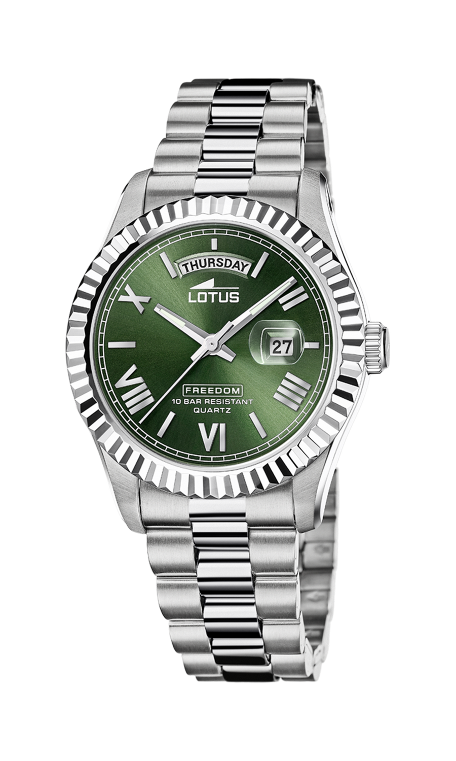 Reloj Lotus L18854/3 unisex, con esfera verde de actualidad, calendario con día de la semana y del mes, cristal mineral con lupa, caja  y armis de acero inix, cierre con pulsadores, sumergible 100 m. Garantía de 2 años.
