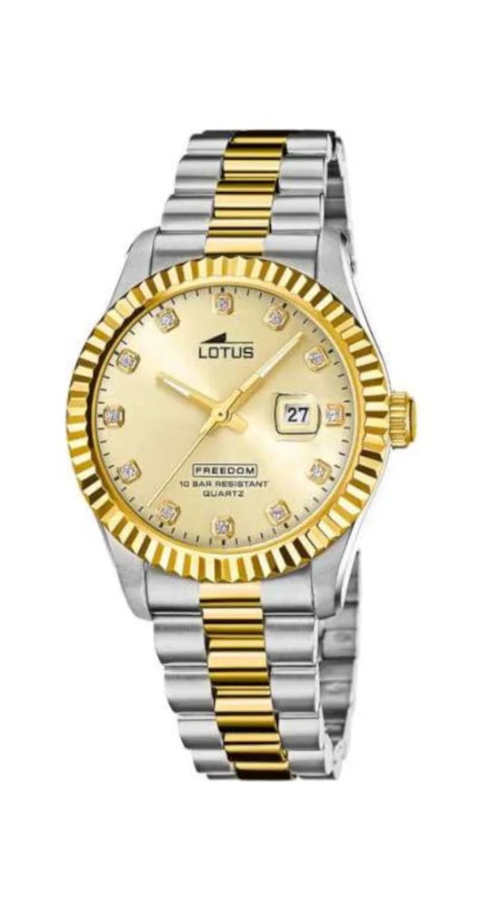 Reloj Lotus L18855-D para hombre con esfera champagne y circonitas. Calendario. Bisel lapidado dorado. Caja y armis de acero inox BICOLOR. Sumergible 100 m. Garantía 2 años.