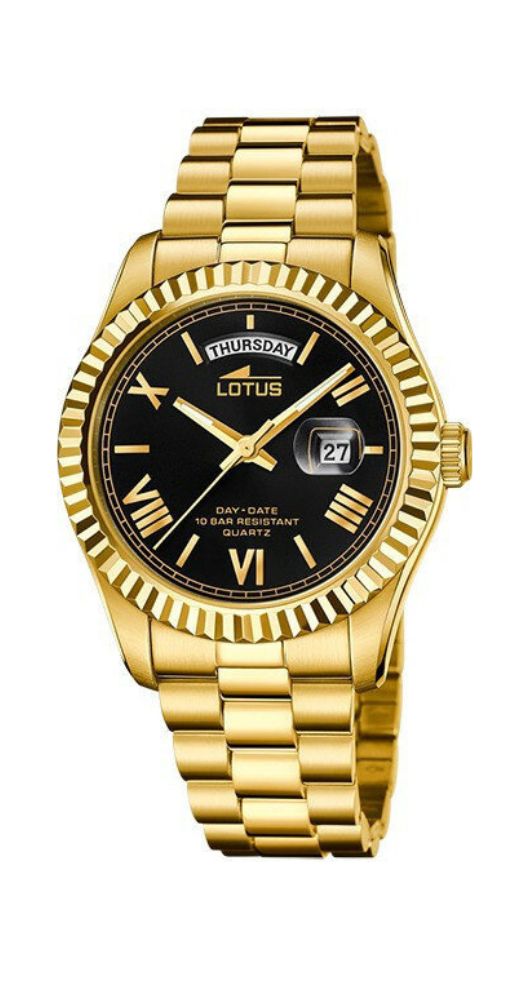 Reloj Lotus L18857/4 para hombre con esfera negra y números, índices y manillas dorados. Calendario para día del mes y semana. De acero inox dorado. Sumergible 100 metros. Garantía de 2 años.