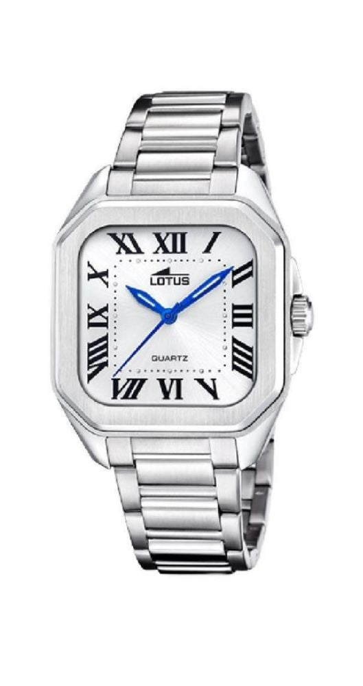 Reloj Lotus L18967-1 unisex, con esfera blanca, números romanos negros y manillas azules. Caja y armis de acero inox. Sumergible 50 m. Garantía 2 años.