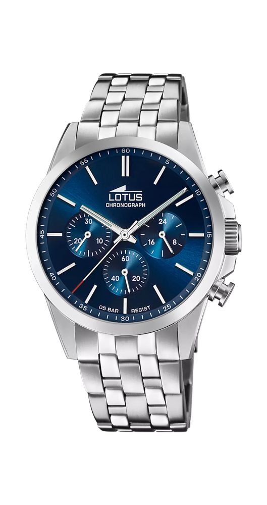 Reloj Lotus L18989-2 para hombre con esfera azul, crono, caja y armis de acero inoxidable. Sumergible 50 metros. Garantía 2 años.
