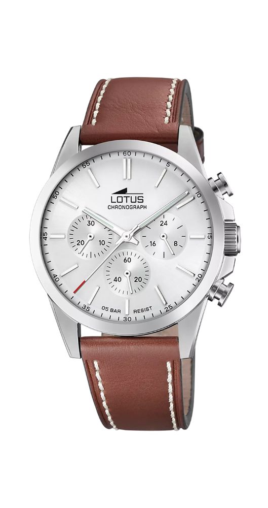 Reloj Lotus L18990-1 para hombre con esfera blanca, caja de acero inox y correa de piel marrón con pespuntes. Crono. Sumergible 50 m. Garantía 2 años.