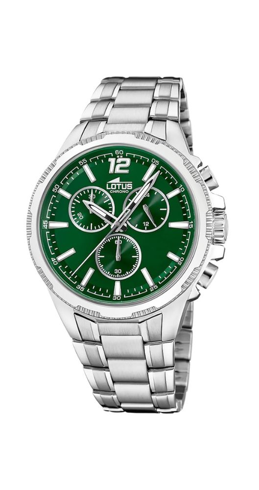 Reloj Lotus L18991-3 para hombre, con crono. Esfera verde con manillas e índices luminiscentes. Caja y armis de acero inox. Sumergible 100 m. Garantía de 2 años.