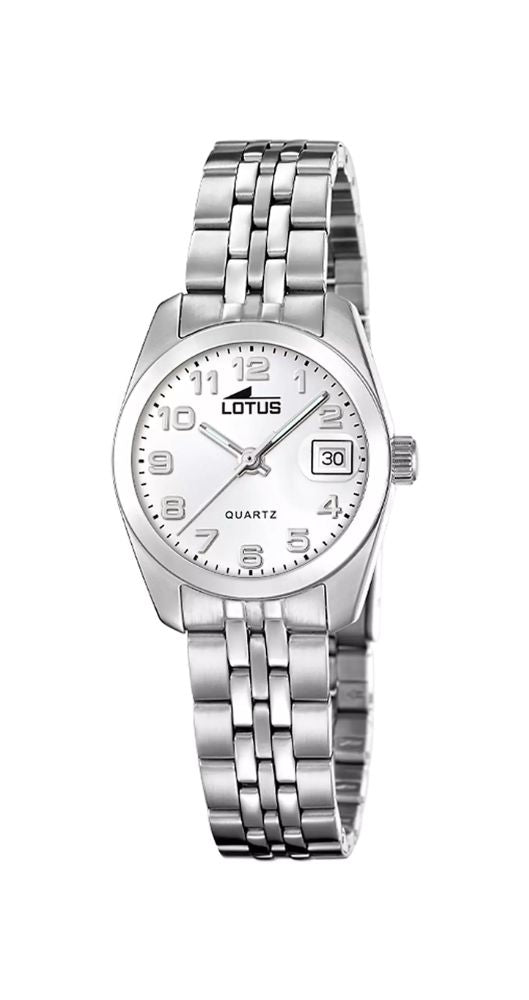Reloj Lotus L18992-1 para mujer con esfera blanca y números arábigos. Calendario. Caja y armis de acero inox. Sumergible 50 m. Garantía de 2 años.