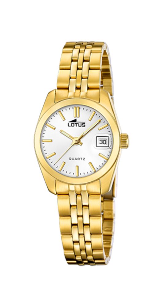 Reloj Lotus L18993-2 para mujer con esfera blanca, índices dorados. Caja y armis de acero inoxidable chapado. Sumergible 50 metros. Garantía de 2 años. 