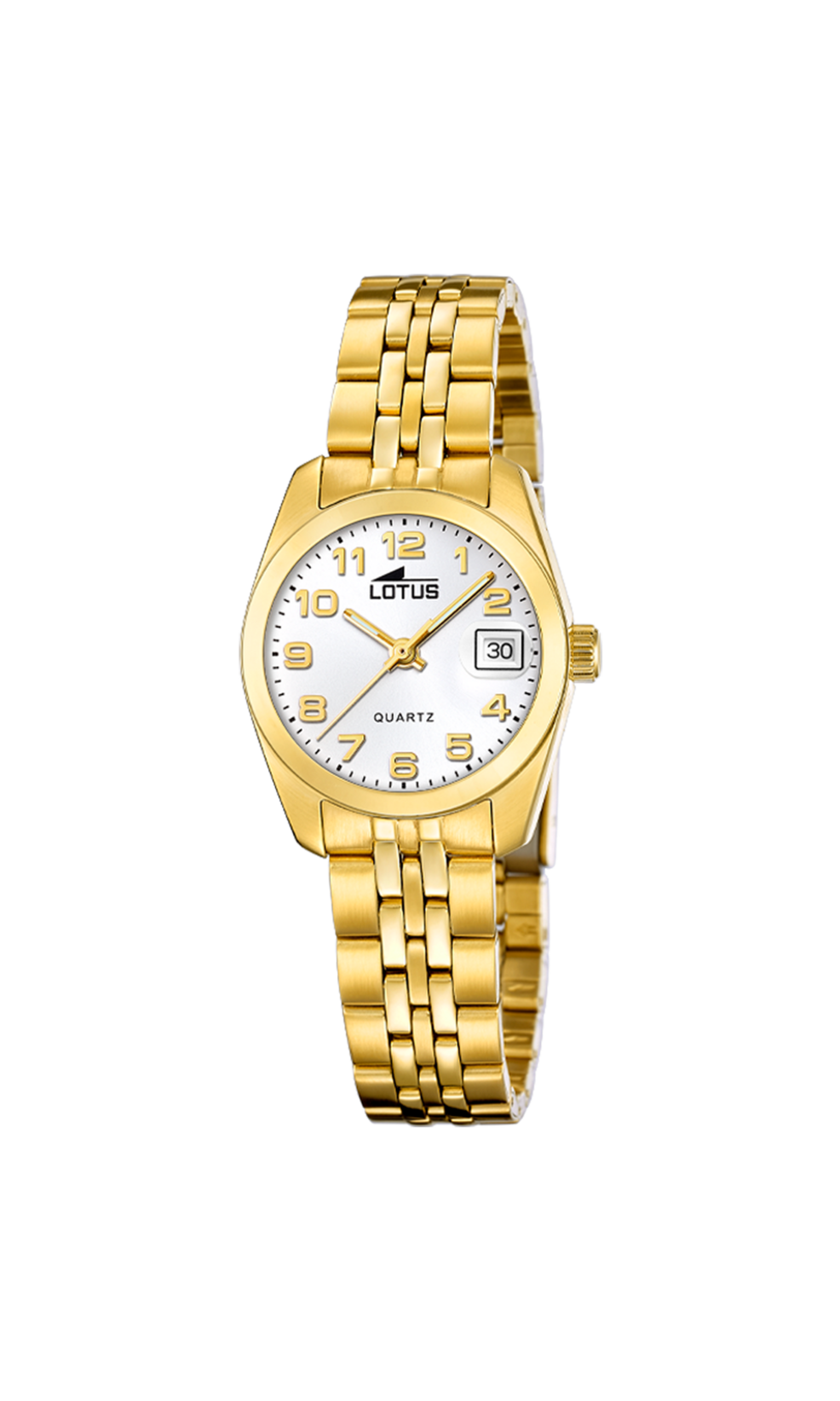 Reloj Lotus L18993/1 para mujer, con esfera blanca con números arábigos y manillas doradas. Caja y armis de acero inox chapado. Con Calendario. Sumergible 50m. Garantía de 2 años.