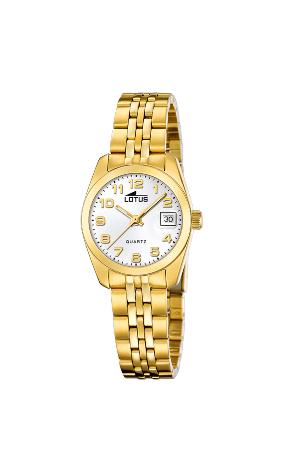 Reloj Lotus L18993/1 para mujer, con esfera blanca con números arábigos y manillas doradas. Caja y armis de acero inox chapado. Con Calendario. Sumergible 50m. Garantía de 2 años.