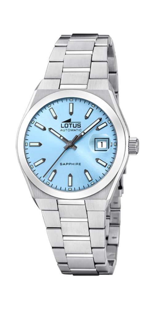 Reloj Lotus L18996-1 UNISEX, AUTOMÁTICO, se carga con el movimiento, caja y armis de acero inox mate, cierre con pulsadores, esfera azul celeste con índices y manillas luminiscentes, calendario, cristal ZAFIRO, irrayable, sumergible 100 metros. Garantía de 2 años.