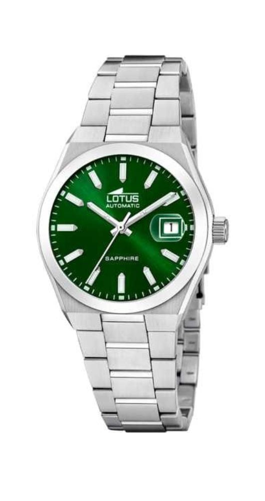 Reloj Lotus L18996-3 para hombre, AUTOMÁTICO, funciona sin pila. Caja y armis de acero inox. CRITAL ZAFIRO, irrayable. Esfera verde con maníllas e índices luminiscentes. Calendario. Sumergible 100 m. Garantía de 2 años.