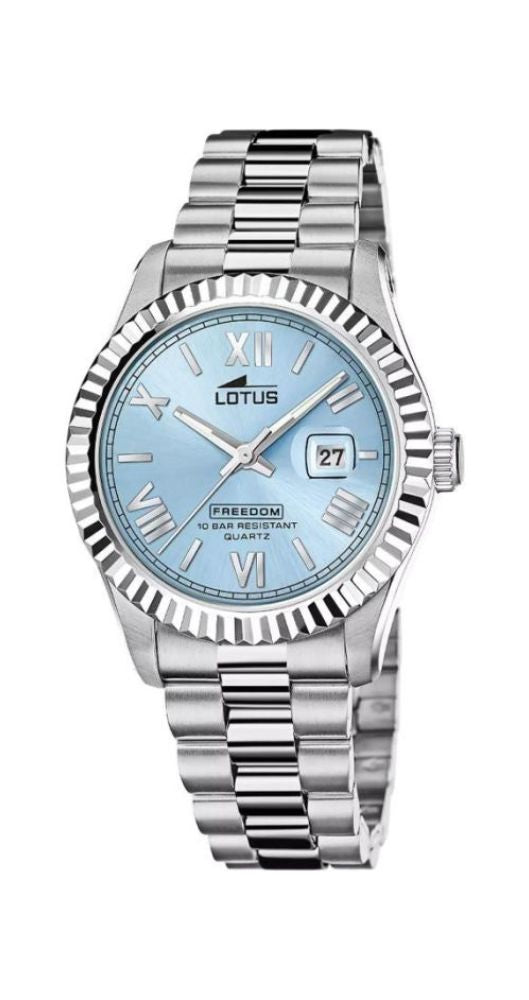 Reloj Lotus L19002/2 para hombre, con esfera azul claro, caja y armis de acero inox, calendarion y sumergible 100 m. Garantía de 2 años.
