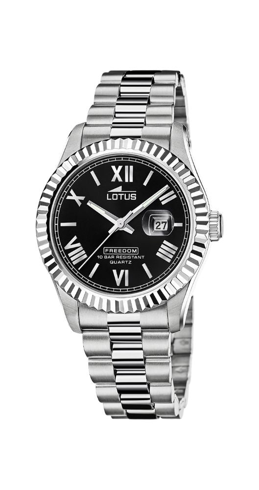 Reloj Lotus L19002-5 para hombre, con esfera negra, caja y armis de acero inox, calendario y sumergible 100 metros. Garantía de 2 años.