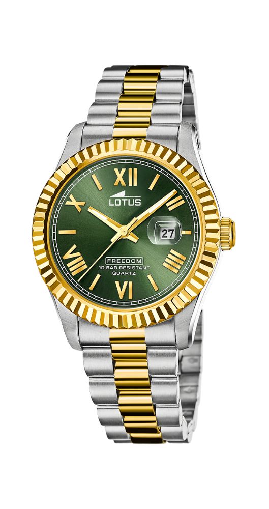 Reloj Lotus L19003/3 BICOLOR con esfera verde e índices dorados. Calendario. Sumergible 100 metros. Caja y armis de acero inox. Cristal mineral con lupa. Garantía 2 años.