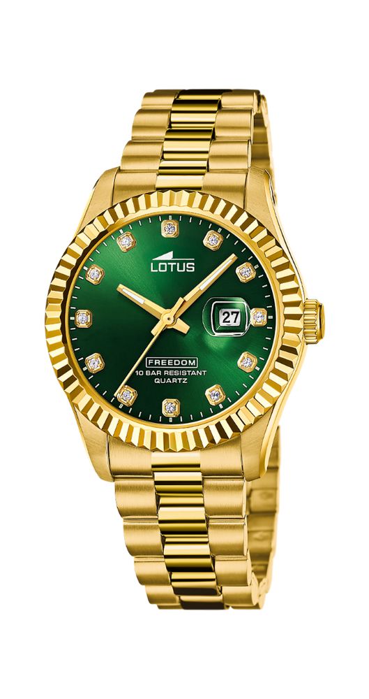 Reloj Lotus L19005-3 para hombre, con esfera verde con circonitas, cristal mineral con lupa, calendario, caja y armis de acero inox chapado,bisel lapidado, cierre con pulsadores y sumergible 100 m. Garantía de 2 años.