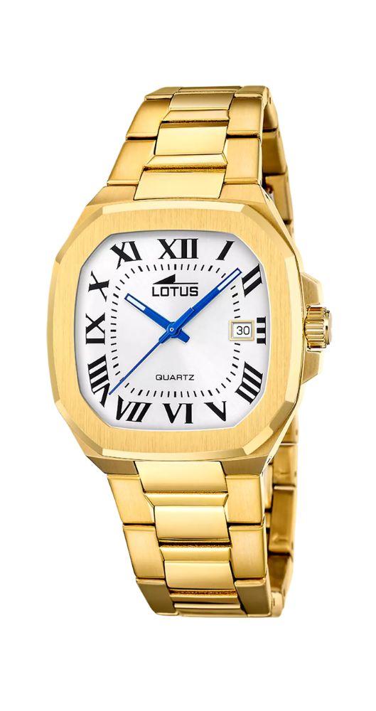 Reloj Lotus L19049-1 para hombre, con esfera blanca, números romanos en negro y manillas azules. Calendario. Caja y armis de acero pavonado DORADO. Sumergible 50 m. Garantía de 2 años.
