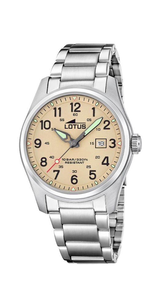 Reloj Lotus L19054-1 para hombre con esfera beige, números arábigos negros, caja y armis de acero inoxidable, con calendario y sumergible 100 m. Garantía de 2 años.