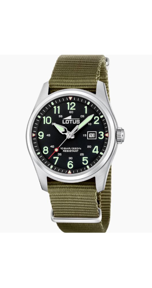 Reloj Lotus L19055/4 para hombre, con esfera negra, números arábigos blancos, luminiscente, calendario, caja de acero inox, correa de nylon verde, sumergible 100 metros. Garantía de 2 años.