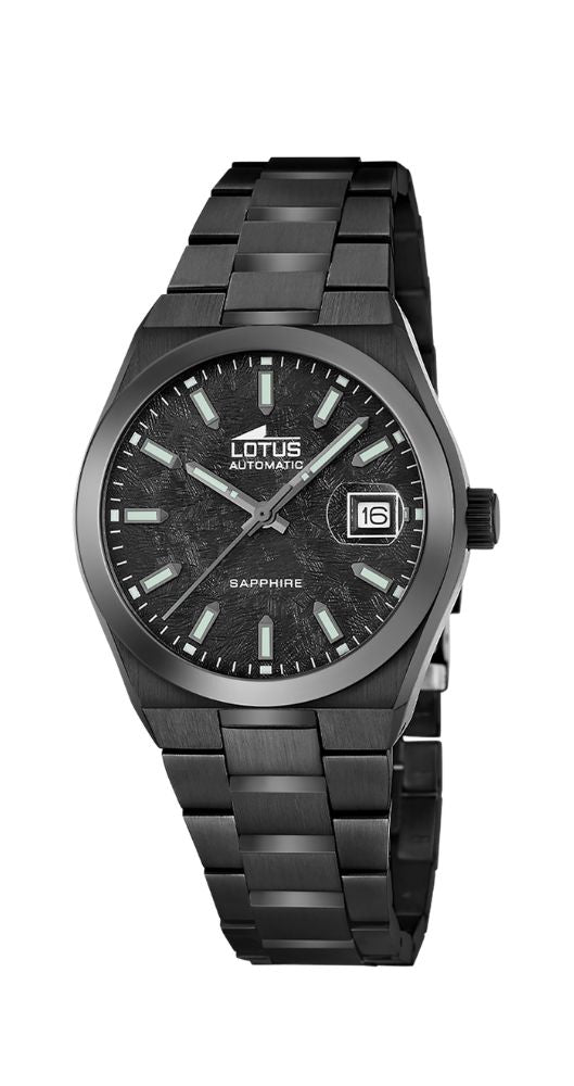 Reloj Lotus L19063-1, AUTOMÁTICO, UNISEX, con esfera negra, caja y armis de acero pavonado PVD negro, cristal ZAFIRO, calendario, cierre con pulsadores, sumergible 100 m. Garantía 2 años.