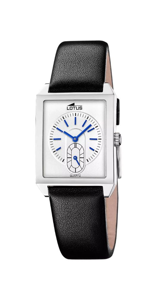 Reloj Lotus L19078-1 UNISEX, con esfera blanca, índices y manillas azules. Caja de acero inox y correa de piel negra. Sumergible 50 metros. Garantía de 2 años.