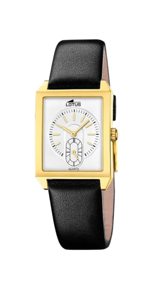 Reloj Lotus L19079-1 unisex, con esfera blanca e índices dorados. Caja de acero inox pavonado DORADO. Correa de piel negra lisa. Sumergible 50 metros. Garantía 2 años.