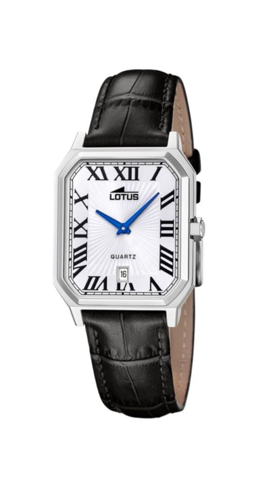 Reloj Lotus L19080-1 para hombre, con esfera blanca, números romanos en negro y manillas azules. Calendario. Caja de acero inox y correa de piel labrada negra. Garantía 2 años.