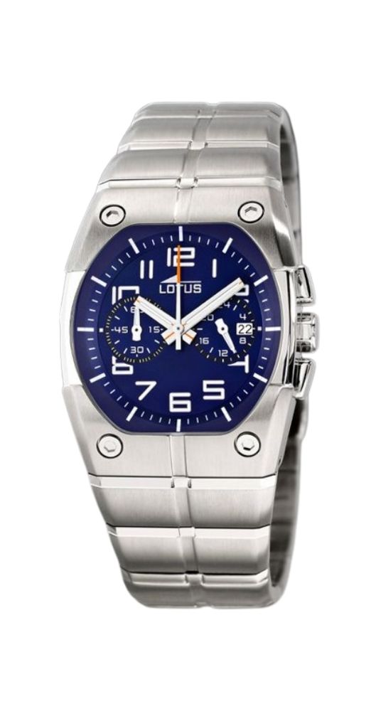 Reloj Lotus L9937-G unisex, con caja y armis de acero inoxidable, esfera azul marino, crono, calendario, sumergible 50 metros. Garantía 2 años.
