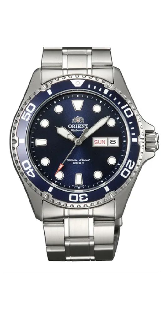 Reloj Orient TAA02005D9 automático, para hombre, con esfera y bisel azul. Caja y armis de acero inox. Calendario con el día de la semana y el mes. Indices y manillas luminiscentes. Sumergible 200 metros. Garantía de 3 años.