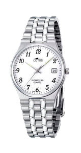 Reloj Lotus L15031/1 clásico, sencillo, para hombre, con esfera blanca, armis de acero inox articulado, calendario y sumergible 