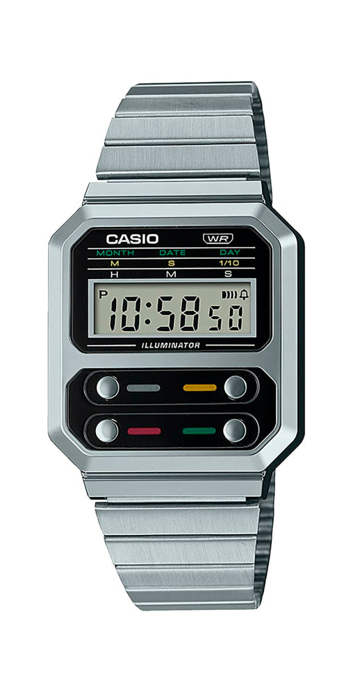 Reloj Casio VINTAGE A100WE-1AEF, ideal para los fans de ALIEN, unisex, caja de resina y armis de acero inoxidable con cierre regulable. Crono. Alarma. Calendario. Garantía de 2 años.