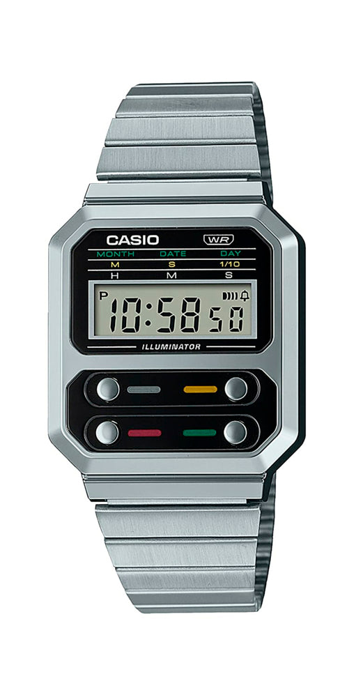 Reloj Casio VINTAGE A100WE-1AEF, ideal para los fans de ALIEN, unisex, caja de resina y armis de acero inoxidable con cierre regulable. Crono. Alarma. Calendario. Garantía de 2 años.