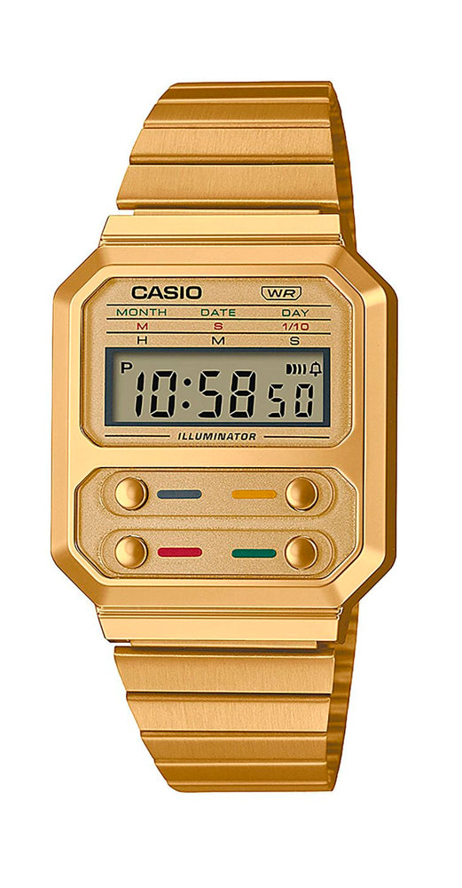 Reloj Casio VINTAGE A100WEG-9AEF DORADO, unisex, saga ALIEN, caja de resina y armis de acero inox DORADO, crono, alarma, calendario, cierre regulable y garantía de 2 años.