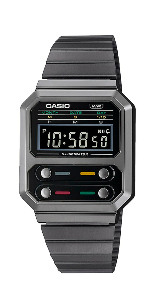 Reloj Casio VINTAGE A100WEGG-1AEF, ideal para los fans de la saga ALIEN, unisex, luz de led, crono, alarma, calendario, caja de resina y armis de acero inoxidable negro. Garantía de 2 años.