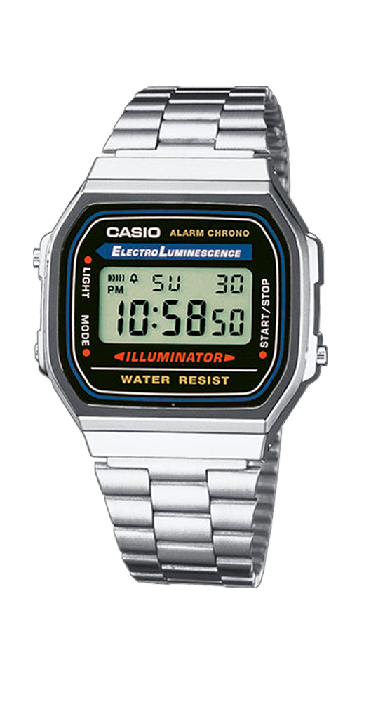 Reloj Casio Collection A168WA-1YES, retro, unisex, de resina y acero inoxidable, con crono y alarma