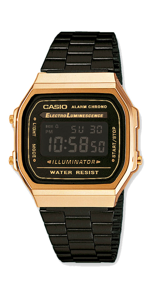 Reloj Casio Collection A168WEGB-1BEF estilo RETRO, unisex, de resina dorada y acero inoxidable negro con crono y alarma