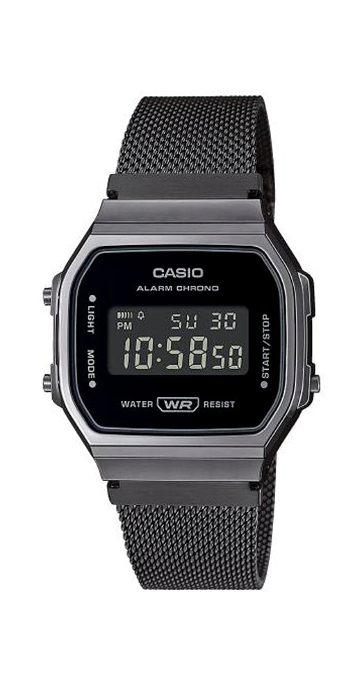 Reloj Casio Collection A168WEMB-1BEF, UNISEX, caja de resina y armis de acero inoxidable negro, crono, alarma, calendario, cierre regulable y garantía de 2 años.