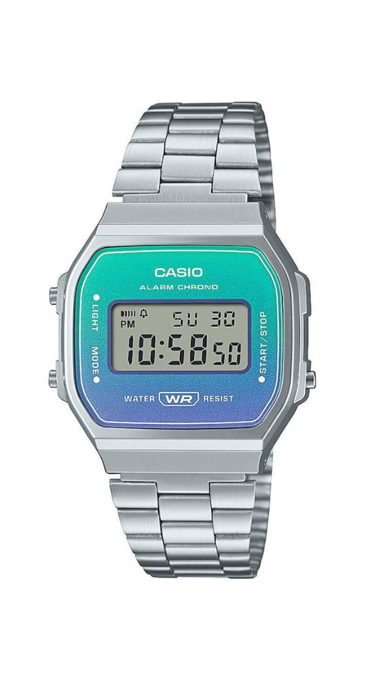 Reloj Casio Collection A168WER-2AEF con crono, alarma, calendario, caja de resina y armis de acero inoxidable con cierre ajustable, cristal con efecto degradé en tonos azules. Garantía de 2 años.