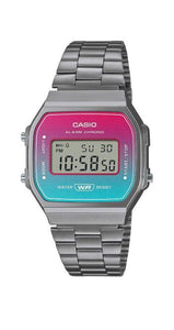 Reloj Casio Collection A168WERB-2AEF con caja de resina y armis de acero inox pavonado gris oscuro. Cristal mineral degradé en tono azul y rosa. Cierre regulable. Crono-alarma. Calendario. Garantía de 2 años.