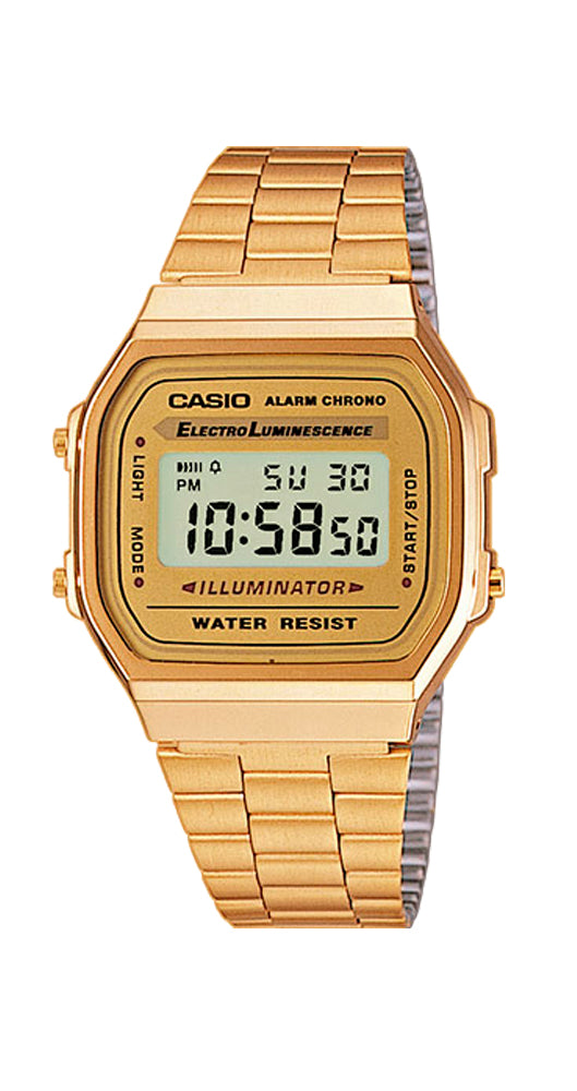 Reloj Casio Collection A168WG-9EF, retro, unisex, de resina y acero inoxidable CHAPADO con crono y alarma