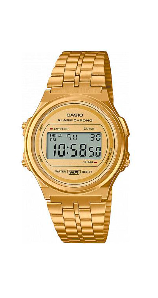 Reloj Casio VINTAGE A171WE-9AEF dorado, unisex, con crono, alarma, calendario, caja de resina dorada y armis de acero inox dorado. Garantía de 2 años.