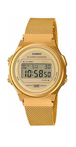 Reloj Casio Collection A171WEMG-9AEF UNISEX, con caja de resina y  armis tipo malla milanesa de acero inox dorado. Crono, alarma y calendario. Garantía de 2 años.