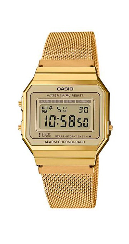 Reloj Casio Collection A700WEMG-9AEF, unisex, extraplano, con malla milanesa, crono y alarma