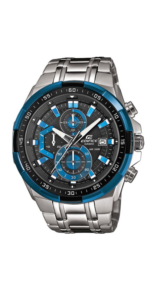Reloj Casio Edifice EFR-539D-1A2VUEF para caballero, crono, en negro y azul, con caja y armis de acero inox, cierre con pulsadores, sumergible 100 metros. Garantía de 2 años.