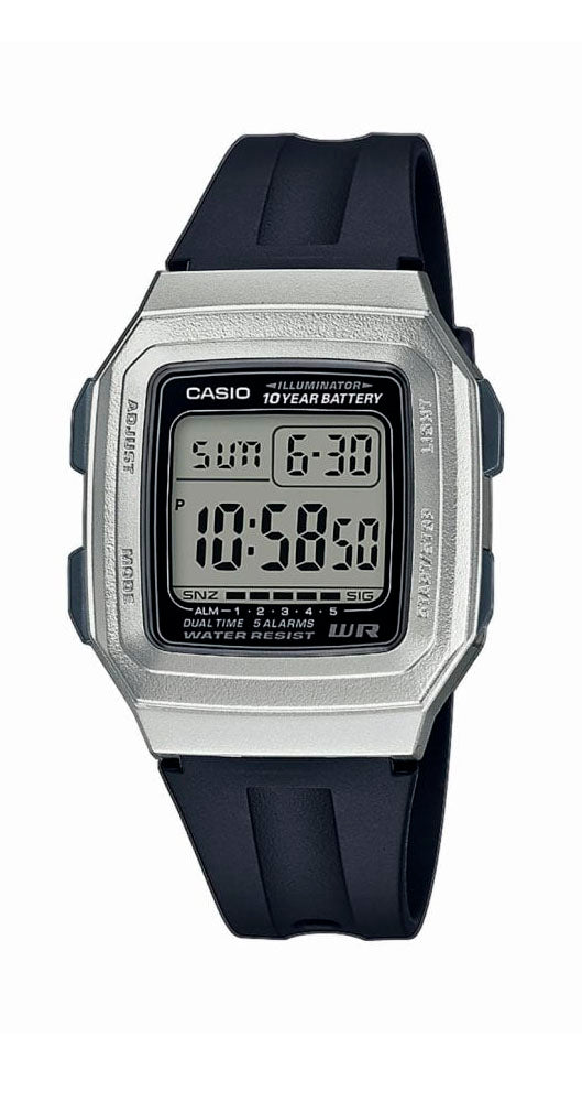 Reloj Casio Collection F-201WAM-7AVEF unisex, ideal para todos los días, con crono, doble horario, alarmas múltiples con repetición, pila de 10 años, todo de resina plateada y negra y garantía de 2 años.