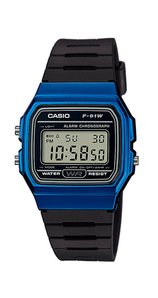 Reloj Casio Collection F-91WM-2AEF para todos los público, caja de resina azul, crono, alarma y calendario.