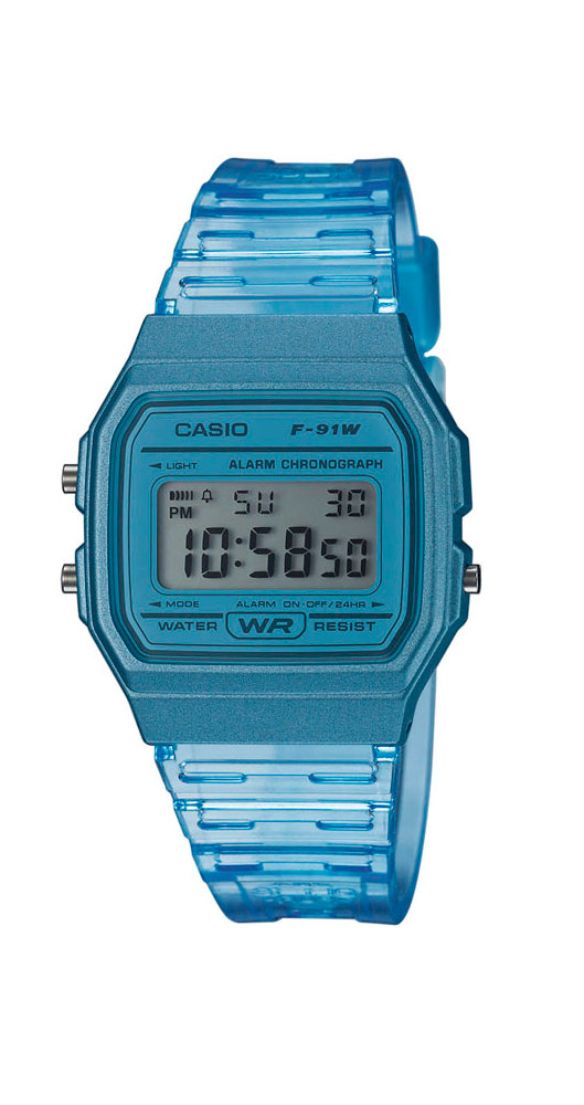 Reloj Casio F-91WS-2EF UNISEX, con caja de resina azul y correa de silicona transparente azul, crono, alarma, luz y calendario automático.