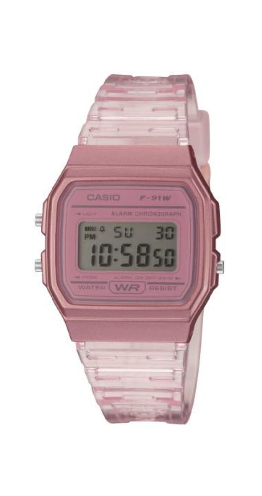 Reloj Casio Collection F-91WS-4EF unisex, en color rosa, con caja y correa de resina, crono, alarma, calendario y garantía de 2 años.